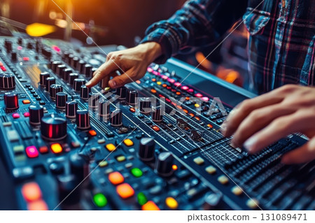 A man is playing a keyboard with a lot of buttons A man is playing a keyboard with a lot of buttons 131089471