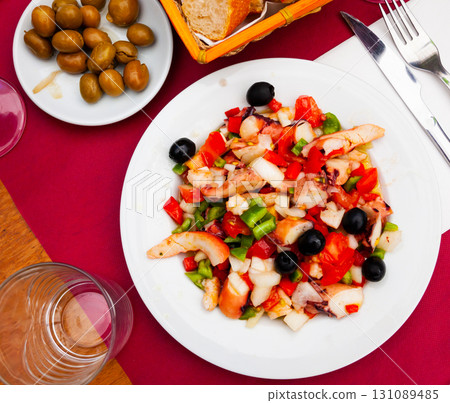 Popular Spanish Salpicon from vegetables and seafood mix Popular Spanish Salpicon from vegetables and seafood mix 131089485