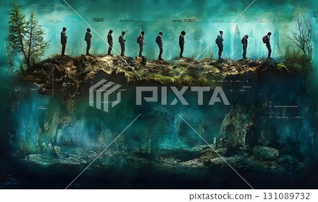 Silhouetted Figures on a Ridge, Above a Mysterious Underwater Ci 131089732