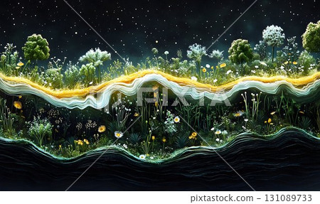 Dreamy Nightscape: Luminous Meadow Under Starry Sky with Golden 131089733