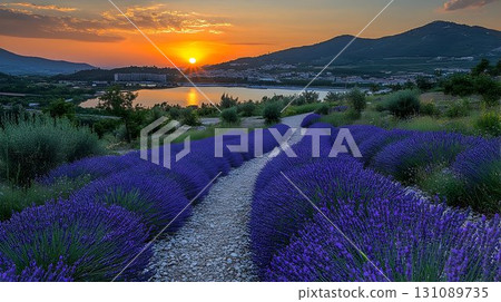 Lavender Field Path Leading to Lake Garda at Sunset, Italy 131089735