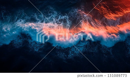 Fiery Ocean Wave Cresting in Deep Blue Waters, Aerial View 131089773