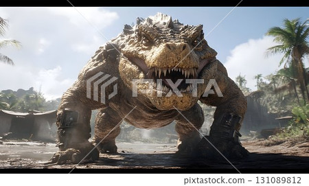 Menacing armored dinosaur roars in a tropical landscape, teeth b 131089812
