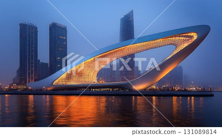 Illuminated Modern Arch Bridge at Dusk Over City Skyline 131089814