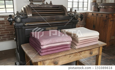 Antique printing press with stacks of dyed paper on a rustic woo Antique printing press with stacks of dyed paper on a rustic woo 131089818