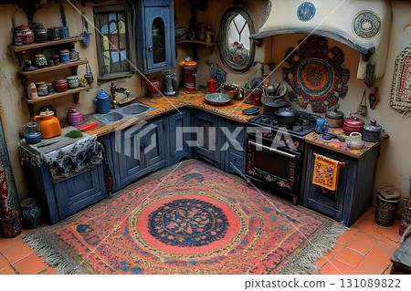 Whimsical kitchen interior with rustic blue cabinets and colorfu Whimsical kitchen interior with rustic blue cabinets and colorfu 131089822