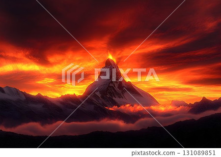 Fiery Sunset Illuminates Majestic Mountain Peak with Dramatic Or 131089851