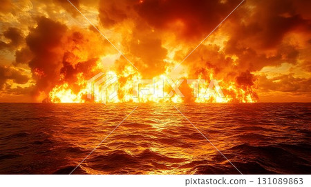 Fiery Horizon: Dramatic Ocean Scene with Burning Sky and Intense 131089863