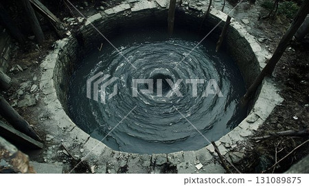 Dark Vortex in Stone Well: Eerie Water Swirls in Abandoned Struc 131089875