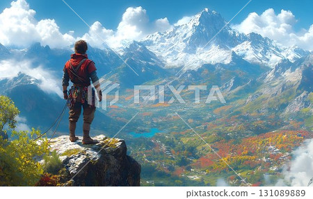 Adventurer Contemplates Majestic Mountain Range, Breathtaking La Adventurer Contemplates Majestic Mountain Range, Breathtaking La 131089889