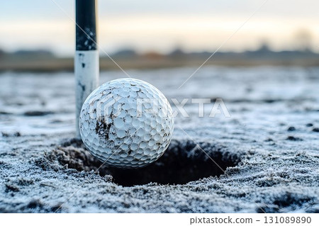 Frosty Golf Ball Nearing the Hole on a Cold Day Frosty Golf Ball Nearing the Hole on a Cold Day 131089890
