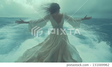 Woman in White Dress Embraces Ocean, Hair Blowing in the Wind 131089962