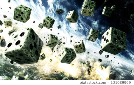 Dice Floating in Space: A Surreal and Abstract Cosmic Scene 131089969