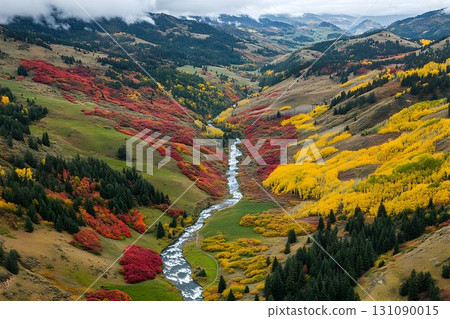 Autumnal River Valley: Vivid Red and Gold Foliage 131090015