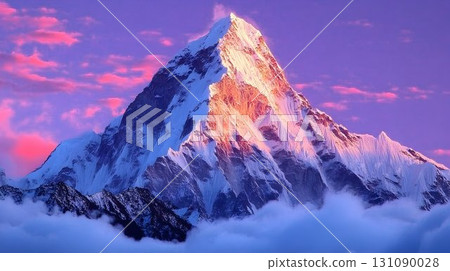 Majestic Mountain Peak Bathed in Golden Light with Pink Clouds a Majestic Mountain Peak Bathed in Golden Light with Pink Clouds a 131090028