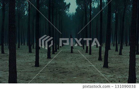 Eerie symmetry in a dense forest with tall trees and a muted, de Eerie symmetry in a dense forest with tall trees and a muted, de 131090038