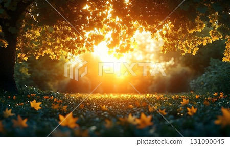 Golden Sunlight Illuminates Autumnal Leaves and Forest Floor in Golden Sunlight Illuminates Autumnal Leaves and Forest Floor in 131090045