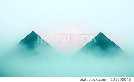 Ethereal Turquoise Pyramids Emerging from a Misty Dreamscape, Mi Ethereal Turquoise Pyramids Emerging from a Misty Dreamscape, Mi 131090046