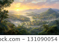 Misty Sunrise Over a Valley Village Nestled in Mountains 131090054