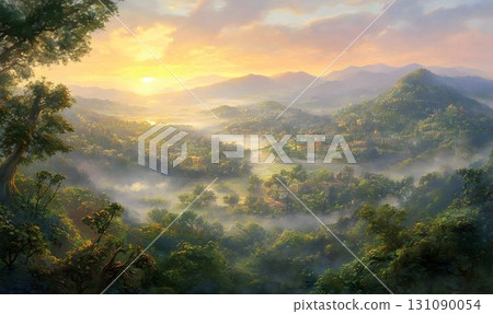 Misty Sunrise Over a Valley Village Nestled in Mountains Misty Sunrise Over a Valley Village Nestled in Mountains 131090054