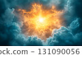 Dramatic sky with golden light bursting through teal clouds 131090056