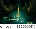 Enigmatic Teal Waters and Golden Lily Pads in a Dark Grotto 131090058
