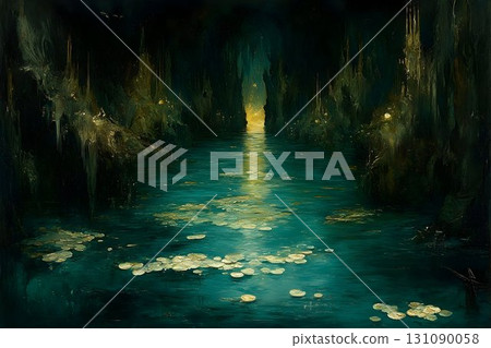 Enigmatic Teal Waters and Golden Lily Pads in a Dark Grotto Enigmatic Teal Waters and Golden Lily Pads in a Dark Grotto 131090058