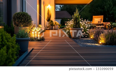 Evening Lit Wooden Deck with Lush Plants and Warm Ambient Lighti Evening Lit Wooden Deck with Lush Plants and Warm Ambient Lighti 131090059