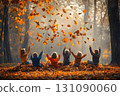 Children's Joyful Autumn: Tossing Golden Leaves in a Sunlit Fore 131090060