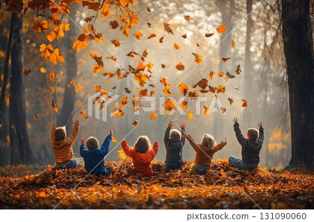 Children's Joyful Autumn: Tossing Golden Leaves in a Sunlit Fore Children's Joyful Autumn: Tossing Golden Leaves in a Sunlit Fore 131090060