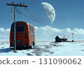 Weathered Orange Van and Dilapidated Shack Under a Giant Moon in 131090062