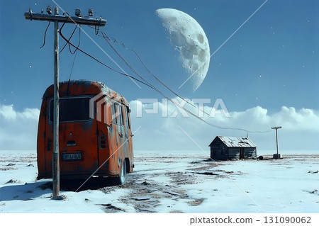 Weathered Orange Van and Dilapidated Shack Under a Giant Moon in Weathered Orange Van and Dilapidated Shack Under a Giant Moon in 131090062
