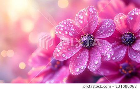 Dew-Kissed Pink Flower Blossom with Bokeh Background in Soft Lig Dew-Kissed Pink Flower Blossom with Bokeh Background in Soft Lig 131090068