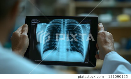 Doctor examining chest X-ray on tablet, diagnostic imaging in he 131090125