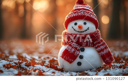 Smiling Snowman with Red Striped Hat and Scarf in a Snowy Autumn 131090127