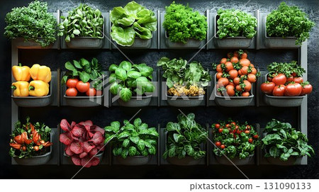 Vertical Garden Display of Fresh Produce in Gray Planters 131090133