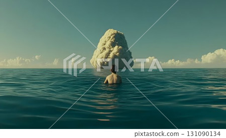 Solitary swimmer gazes at colossal cloud formation over calm oce 131090134