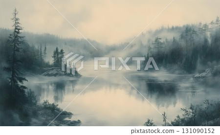 Serene Foggy Lake Enveloped by Misty Pines 131090152