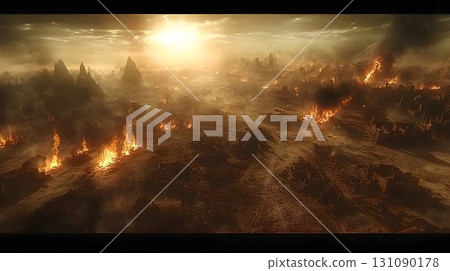 Burning town at sunset aerial view of destruction and chaos 131090178
