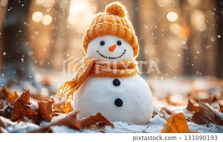 Smiling snowman in winter wonderland festive holiday image 131090193