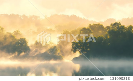 Misty sunrise over calm lake and lush trees 131090218
