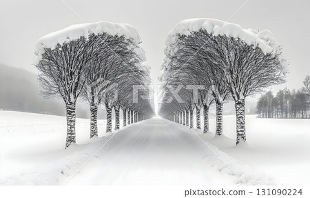 Snow-laden Birch Trees Lining a Road in a Winter Wonderland, Bla 131090224