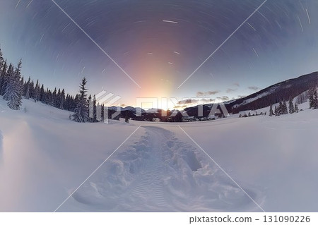 Star Trails Over Snowy Mountain Path at Sunset Star Trails Over Snowy Mountain Path at Sunset 131090226