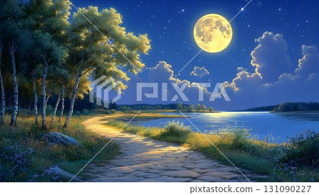 Moonlit Path by the Lake: A Serene Nightscape with Glowing Cloud 131090227