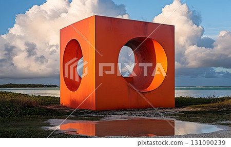 Geometric Orange Sculpture with Circular Cutouts Reflected in Ti 131090239