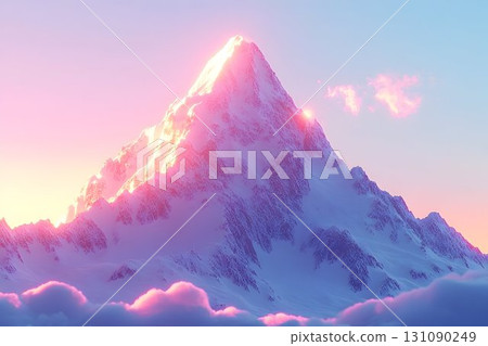 Majestic snow-covered mountain peak bathed in ethereal pink and 131090249