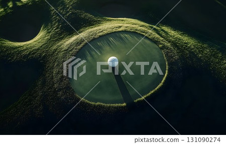 Aerial View of Golf Ball on Green with Long Shadow and Lush Surr 131090274