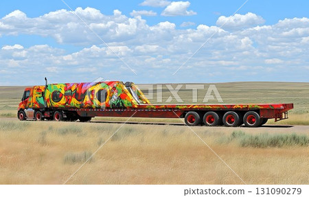 Colorful Truck with Abstract Design on a Plains Highway 131090279