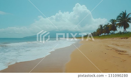 Serene Coastal Scene: Palm Trees, Gentle Waves, and a Majestic M 131090280