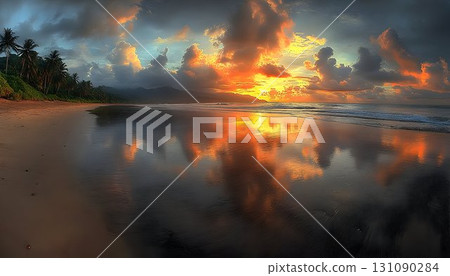 Fiery Sunset Reflecting on Tropical Beach 131090284